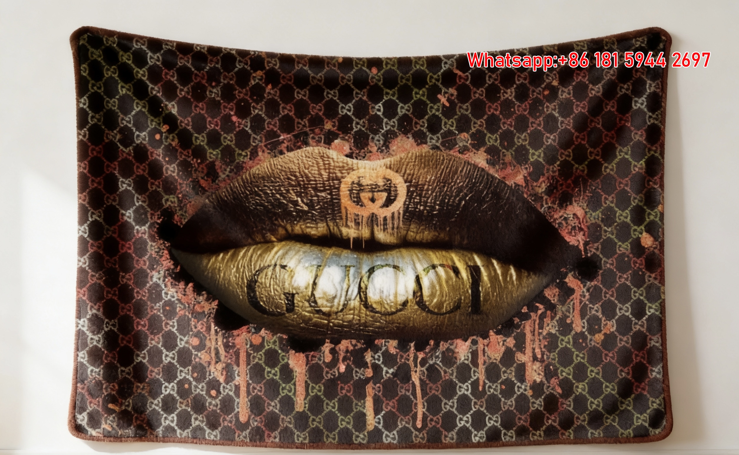 Gucci Gold Drip Lips Tapestry Monogram Gucci Throw Blankets IMG_2877